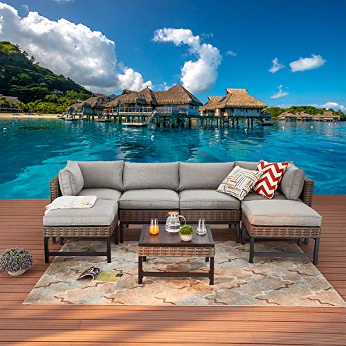 Festival Depot 7 Pieces Patio Outdoor Furniture Conversation Sets Sectional Corner Sofa with Wicker Chairs, Ottoman, Coffee Table and Seating Thick Soft Cushion(Grey)