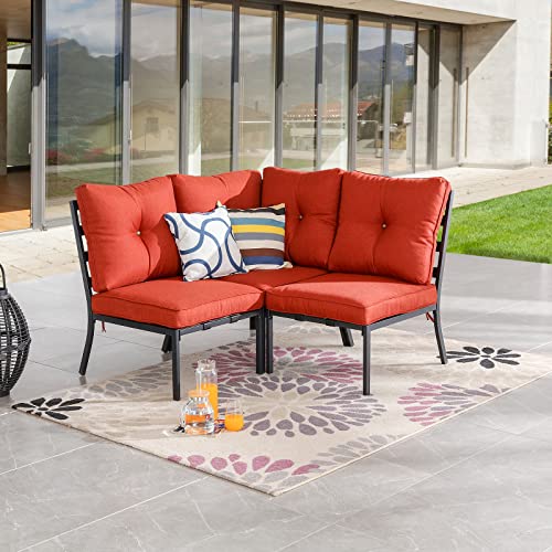 Festival Depot 3 Pcs Patio Conversation Set Sectional Sofa Chair Outdoor Furniture All-Weather Bistro Set with 2 Metal Armless Chair and 1 Corner Chair for Garden Pool Porch Deck Backyard (Red)