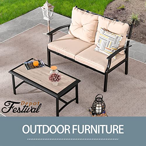 Festival Depot 2 Pcs Patio Set Conversation Set with Coffee Table Outdoor Furniture Loveseat Armchair with Hand-Woven Textilene Rope Backrest (Black Metal Frame with Beige Cushion)