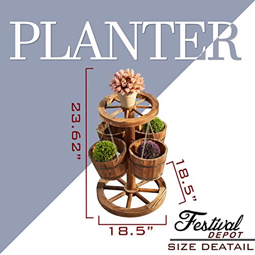 Festival Depot Rustic Outdoor Patio Furniture Wooden Wagon Barrel Flower Planter Pot Stand with Wheel, Buckets for Garden Backyard, Wood