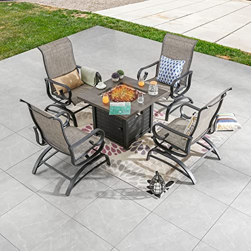 Festival Depot 5Pcs Patio Fire Pit Table Set, Outdoor Furniture Conversation Set, Propane Square Table and 4 Armchairs with High Textilene Back and Metal Frame for Backyard Porch Deck Garden (Grey)