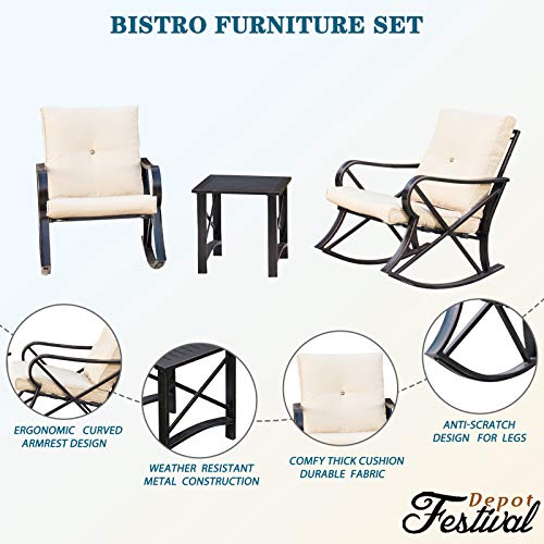 Festival Depot 3-Piece Patio Outdoor Rocking Chairs Wicker Rattan Bistro Furniture Conversation Sets with Coffee Table and Thick Blue Cushions for Porch Lawn Garden Balcony Pool Backyard
