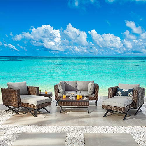 Festival Depot 8pcs Outdoor Furniture Patio Conversation Set Sectional Sofa Chairs with X Shaped Metal Leg All Weather Brown Rattan Wicker Ottoman Coffee Table with Grey Thick Seat Back Cushions