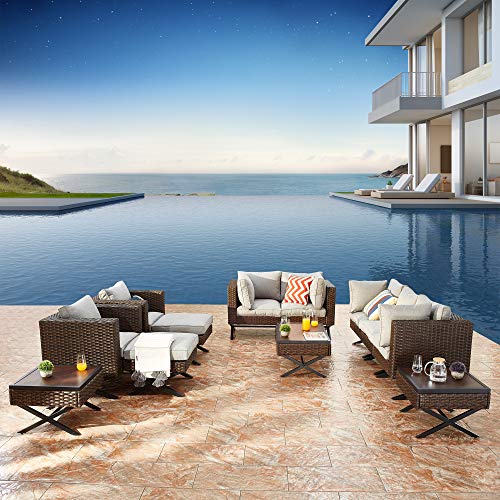 Festival Depot 12pcs Outdoor Furniture Patio Conversation Set Sectional Corner Sofa Chairs with X Shaped Metal Leg All Weather Brown Rattan Wicker Rectangle Coffee Table with Grey Seat Back Cushions