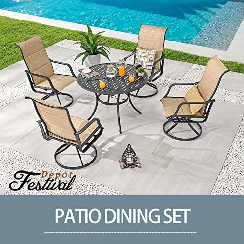 Festival Depot 5 Pieces Patio Dining Conversation Set, 4 Swivel Bistro Armrest Chair & 1 Round Metal Table with 2.04" Umbrella Hole for Deck Poolside Porch Backyard