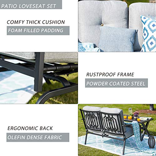 Festival Depot 4 pc Conversation Set Patio Outdoor ArmChairs Loveseat Set with Coffee Table Fabric Metal Frame Furniture Garden Bistro Seating Thick Soft Cushions