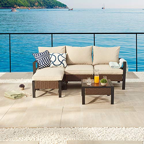 Festival Depot 5 Pieces Patio Conversation Set Outdoor Furniture Sectional Sofa with All-Weather Brown PE Rattan Wicker Back Chair, Coffee Table, Ottoman and Thick Soft Removable Couch Cushions