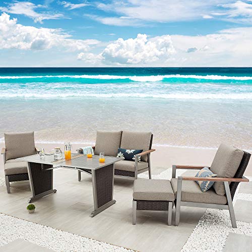 Festival Depot 6pcs Patio Conversation Set Metal Armchair All Weather Wicker Loveseat Rattan Ottoman with Grey Thick Cushions and Coffee Table Outdoor Furniture for Deck Poolside