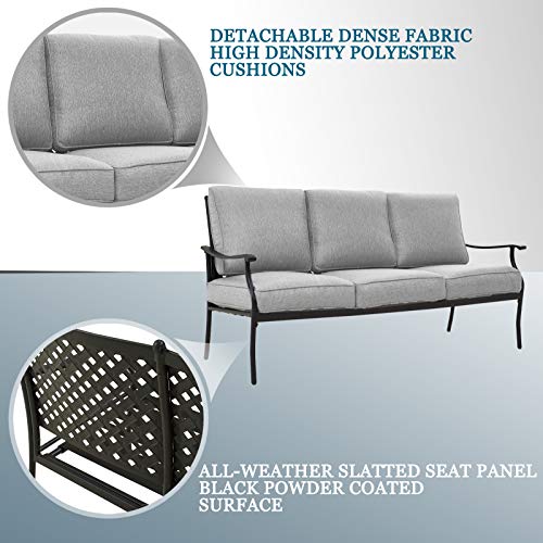Festival Depot 6Pcs Outdoor Furniture Patio Conversation Set All Weather Black Metal Armchairs Loveseat with Seat and Back Cushions, 3-Seating Chair, Rectangle Coffee Table for Deck Lawn Garden