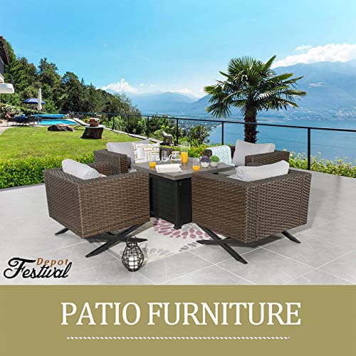 Sports Festival Fire Pit Table Set of Propane Fire Table and 4 Wicker Chairs with Thick Cushions for Patio Rattan Outdoor Furniture, CSA Certification
