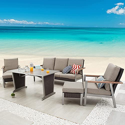 Festival Depot 6pcs Patio Conversation Set Metal Armchair All Weather Wicker Ottoman Rattan 3-Seater Sofa with Grey Thick Cushions and Dining Table Outdoor Furniture for Deck Poolside