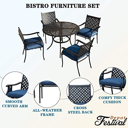 Festival Depot 5 Piece Outdoor Dining Set Wrought Iron Patio Metal with 4 Armchair Include Cushions and Round Black Table with 2.04" Umbrella Hole for Deck Lawn Garden Poolside Backyard (Beige)