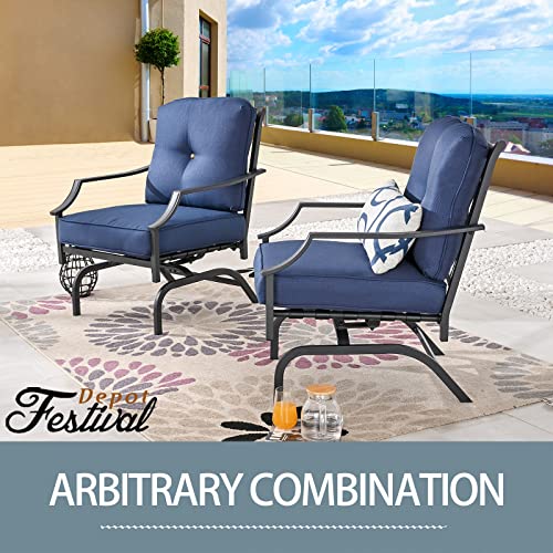 Festival Depot Patio Bistro Dining Chairs Set Outdoor Furniture Steel Frame Armchair with Armrest, Back & Seat Cushions (Set of 2, Blue)
