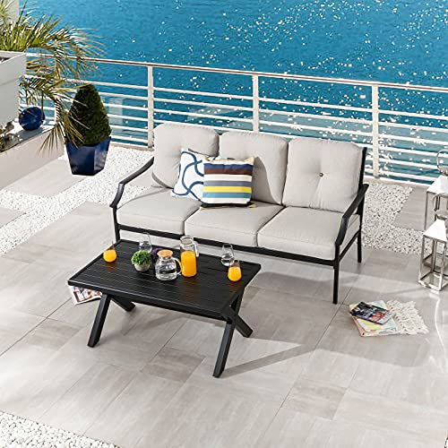 Festival Depot 2 Pcs Metal Furniture Outdoor Loveseat Patio Sofa with Coffee Table 3-Seating Outside Couch with Cushions for Deck Porch Backyard