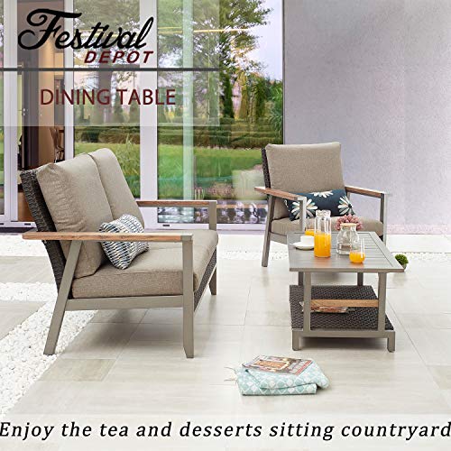 Festival Depot Patio Coffee Table Rectangle Dining Table Metal Slatted Top Table with Wicker Rattan Storage Shelf Outdoor Furniture for Garden Yard, Grey