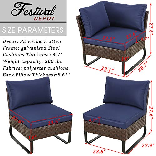 Festival Depot 3 Pcs Patio Conversation Set Sectional Corner Sofa Combination Outdoor All-Weather Wicker Metal Armless Chairs with Blue Seating Back Cushions U-Shaped Steel Legs Garden Deck Poolside