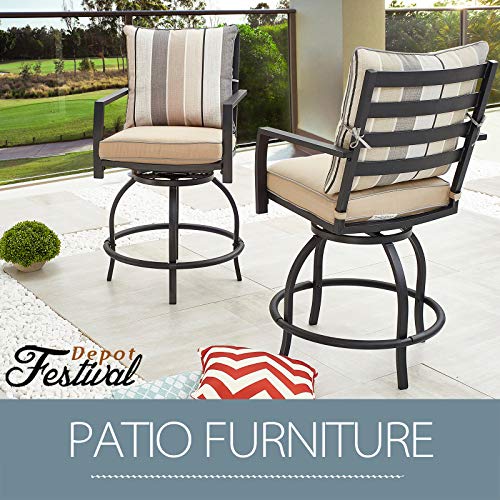 Elegant 2 Piece Patio 360° Swivel Bar Chair Set with Armrests and Cushioned Seats