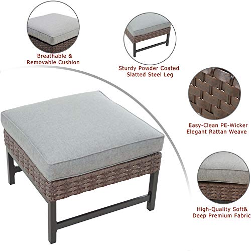Festival Depot Patio Ottoman Square Wicker Footstool with Cushion for Foot Rest in Metal Frame All Weather Outdoor Furniture for Garden Yard Lawn