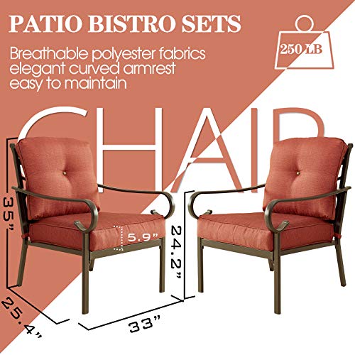 Festival Depot 2-Pcs Dining Outdoor Patio Bistro Furniture Armchairs Premium Fabric Comfort & Soft 5.9" Cushions with Metal Slatted Steel Frame Leg for Garden All-Weather 33(L)*25.4"(W)*35.2"(H), Red