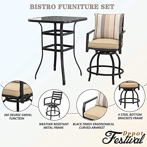 Festival Depot 5 Pcs Outdoor Furniture Bar Stools Set of 4 Swivel Chairs with Cushions and 1 High Bistro Tables with Tempered Glass Tabletop in Metal Frame (Beige)