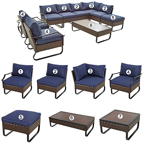 Festival Depot 10 Pieces Patio Conversation Sets Outdoor Furniture Sectional Corner Sofa with All-Weather PE Rattan Wicker Back Chair, Coffee Table and Thick Soft Removable Couch Cushions (Blue)