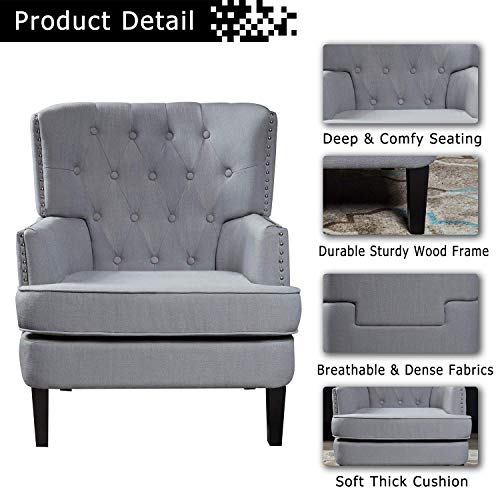 Festival Depot 1 Piece Indoor Modern Fabric Furniture Accent Arm Chair Single Sofa for Living Room Bedroom with Hand-Crafted Button Tufting Details and Thick Cushion, 32.3" x 31.5" x 39.4"
