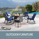 Festival Depot 7 Pieces Outdoor Fire Pit Table Set, Patio Conversation Set, Square Propane Gas Table, 4 PE Wicker Rocking Armchairs w/ Cushions and 2 Side Table Metal Furniture (Blue)