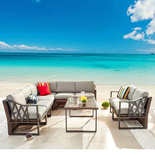 Festival Depot 9pcs Outdoor Furniture Patio Conversation Set Sectional Corner Sofa Chairs All Weather Brown Rattan Wicker Slatted Coffee Table with Grey Thick Seat Back Cushions, Black