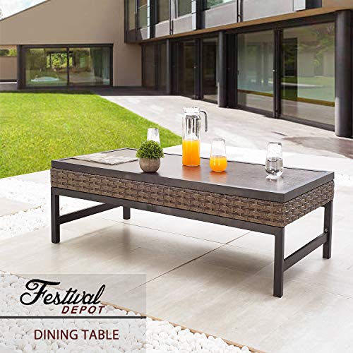 Festival Depot Furniture Dining Bistro Patio Outdoor Side Coffee Table Wicker Rattan Rectangle with Metal Slatted Steel Legs All Weather for Garden Yard 47.2"(L) x 13.3"(H) x 23.6"(W),Brown Black