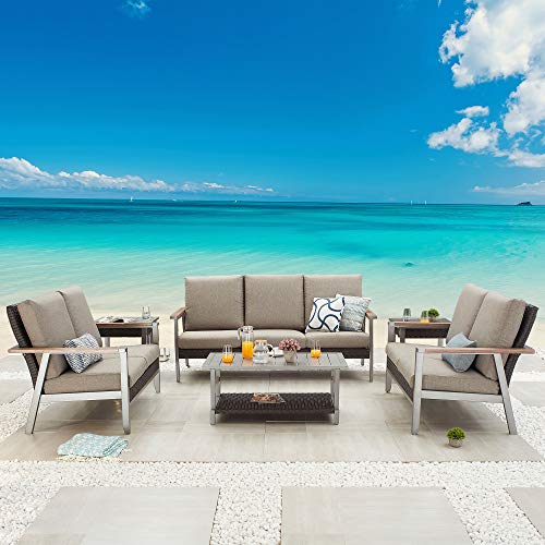 Festival Depot 6pcs Patio Conversation Set Wicker Armchair Rattan Loveseat All Weather 3-Seater with Grey Thick Cushions and Side Coffee Table in Metal Frame Outdoor Furniture for Deck Poolside