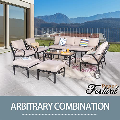 Festival Depot 11 Pieces Patio Conversation Set Sectional Sofa Armchair Ottoman with Thick Cushions and Coffee Table All Weather Metal Outdoor Furniture for Deck Garden, Beige