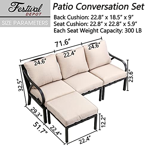 Festival Depot 4 Pieces Patio Conversation Set Sectional Chair Ottoman with Thick Cushions All Weather Metal Outdoor Furniture for Deck Balcony, Beige