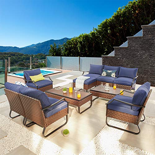 Festival Depot 10 Pcs Patio Conversation Sets Outdoor Furniture Sectional Corner Sofa with All-Weather PE Rattan Wicker Chair Loveseat, Coffee Table and Thick Soft Removable Couch Cushions (Blue)