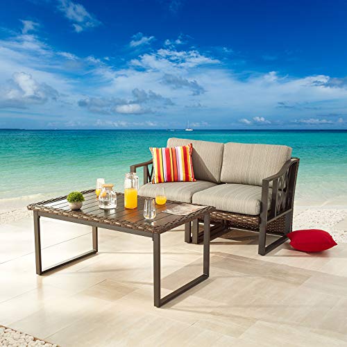 Festival Depot 3pcs Outdoor Furniture Patio Conversation Set Sectional Sofa Chairs All Weather Brown Rattan Wicker Slatted Coffee Table with Grey Thick Seat Back Cushions, Black