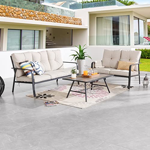 Festival Depot 3 Pcs Patio Bistro Sets Outdoor Arbitrary Combination Conversation Furniture with 1 3-Seats Sofa 1 Loveseat and 1 Coffee Table for Bar Indoor Home Garden Pool Porch (Beige)