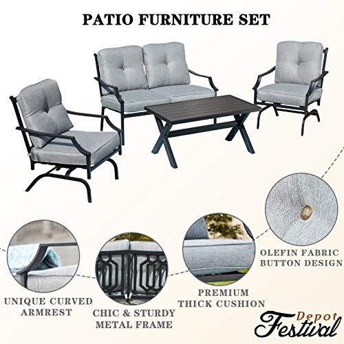 Festival Depot 3-Piece Outdoor Patio Armrest Chairs Set Garden Bistro Square Metal Table and Seating Set with Thick Cushions
