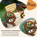 Festival Depot Wooden Wagon Wheel Bench Rustic Armrest Chair 2-Person Outdoor Patio Furniture Loveseat with Backrest, Slatted Seat for Garden Country Yard, Burnt-Finished