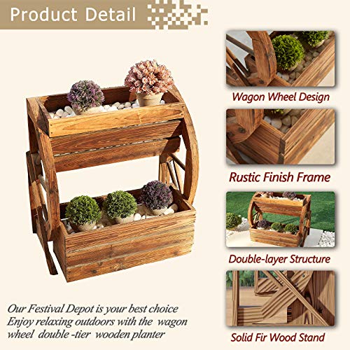 Festival Depot Outdoor Planter Wagon Wheel Double-Tier Wooden Shelf Raised Garden Decor Flower Holder Stand for Patio Deck Lawn