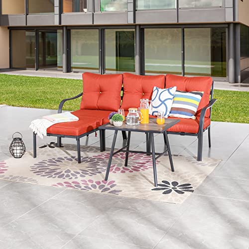 Festival Depot 5 Pcs Patio Conversation Set Sectional Sofa Chair Outdoor Furniture All-Weather Bistro Set with Left-arm&Right-arm Armless Chair Ottoman Side Table for Garden Porch Deck Backyard (Red)