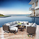 Festival Depot 10pcs Outdoor Furniture Patio Conversation Set Sectional Corner Sofa Chairs with X Shape Metal Leg All Weather Brown Rattan Wicker Ottoman Side Coffee Table with Grey Seat Back Cushions