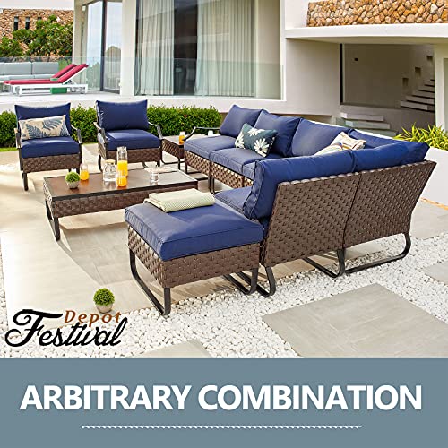 Festival Depot 7 Pieces Patio Furniture Set, All-Weather PE Rattan Wicker Metal Frame Sofa Outdoor Conversation Set Sectional Corner Couch with Cushion Ottoman and Coffee Table for Deck Poolside(Blue)