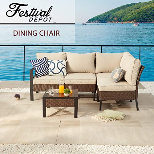 Festival Depot Patio Wicker Sofa Sectional Corner Chair with Thick Cushions Outdoor Furniture for Garden Yard Poolside