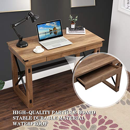 Festival Depot 47.5" Writing Computer Desk Large Home Office Desk in Industrial Style with Pull-Out Keyboard Tray Black Metal and Wood Appearance Laptop Table for Game Study