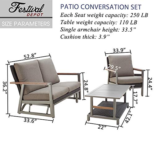 Festival Depot 3pcs Patio Conversation Set Wicker Armchair All Weather Rattan Glider Loveseat with Grey Thick Cushions Coffee Table in Metal Frame Outdoor Furniture for Deck Poolside