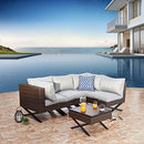 Festival Depot 5pcs Outdoor Furniture Patio Conversation Set Sectional Corner Sofa Chairs with X Shaped Metal Leg All Weather Brown Rattan Wicker Side Coffee Table with Grey Thick Seat Back Cushions