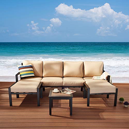 Festival Depot 7-Pieces Patio Conversation Sets Outdoor Furniture Loveseat Sectional Sofa, All-Weather Black Slatted Back Chairs with Coffee Table and Soft Removable Couch Cushions(Beige)