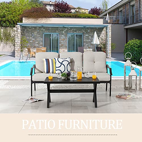 Festival Depot 2 Pcs Metal Furniture Outdoor Loveseat Patio Sofa with Coffee Table 3-Seating Outside Couch with Cushions for Deck Porch Backyard