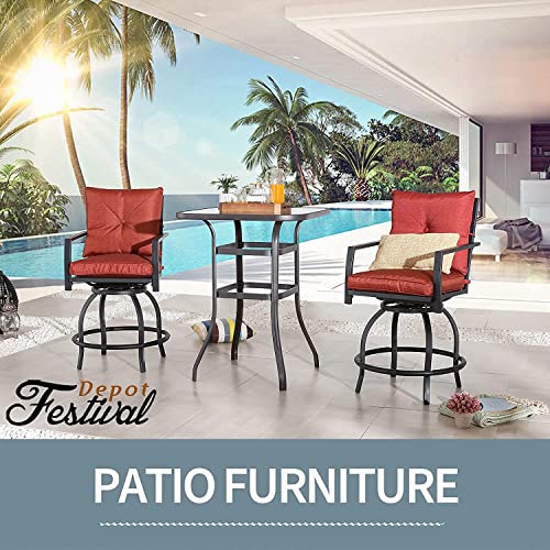 Festival Depot 3 Pcs Outdoor Furniture Bar Stools Set of 2 Swivel Chairs with Cushions and 1 High Bistro Tables with Tempered Glass Tabletop in Metal Frame (Red)