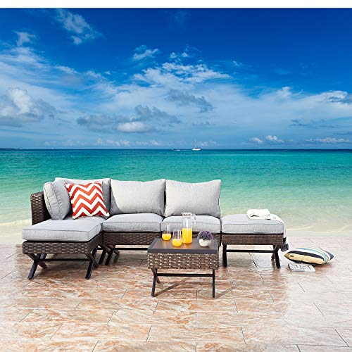 Festival Depot 6pcs Outdoor Furniture Patio Conversation Set Sectional Corner Sofa Chairs with X Shaped Metal Leg All Weather Brown Rattan Wicker Ottoman Side Coffee Table with Grey Seat Back Cushions