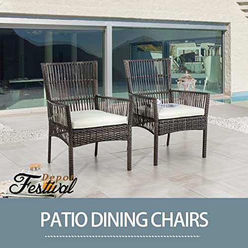 Festival Depot 2 Pcs Patio Willow Dining Chairs, All-Weather Wicker Rattan Outdoor Furniture with Metal Frame Soft Cushion for Garden Pool Backyard Lawn (Beige)